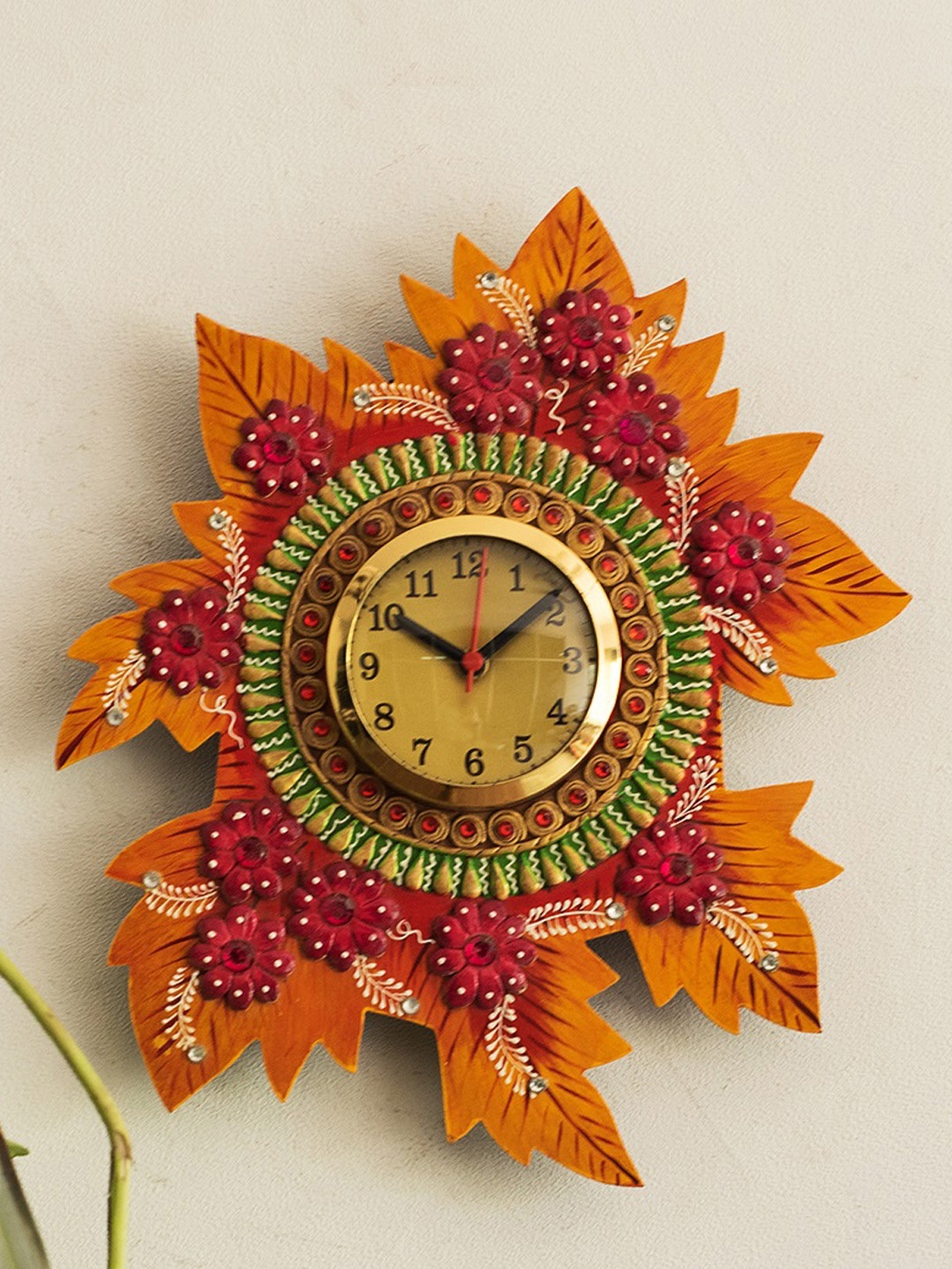 

eCraftIndia Multicoloured Handcrafted Floral Embellished Analogue Wall Clock, Multi