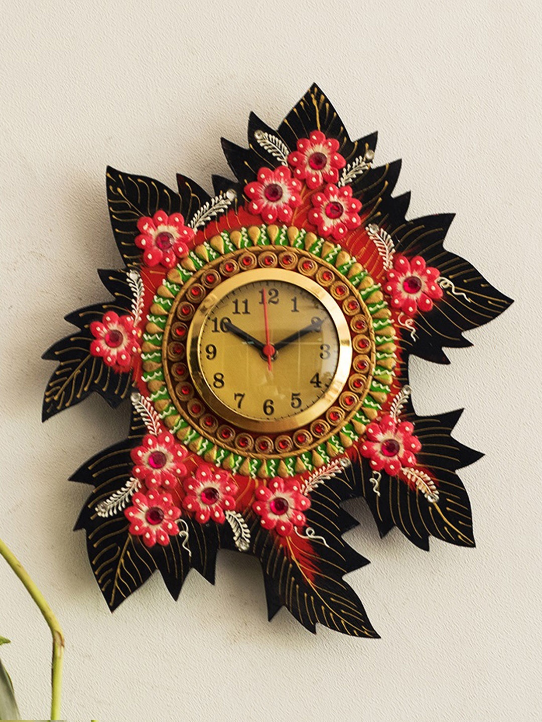 

eCraftIndia Multicoloured Handcrafted Floral Embellished Analogue Wall Clock, Multi