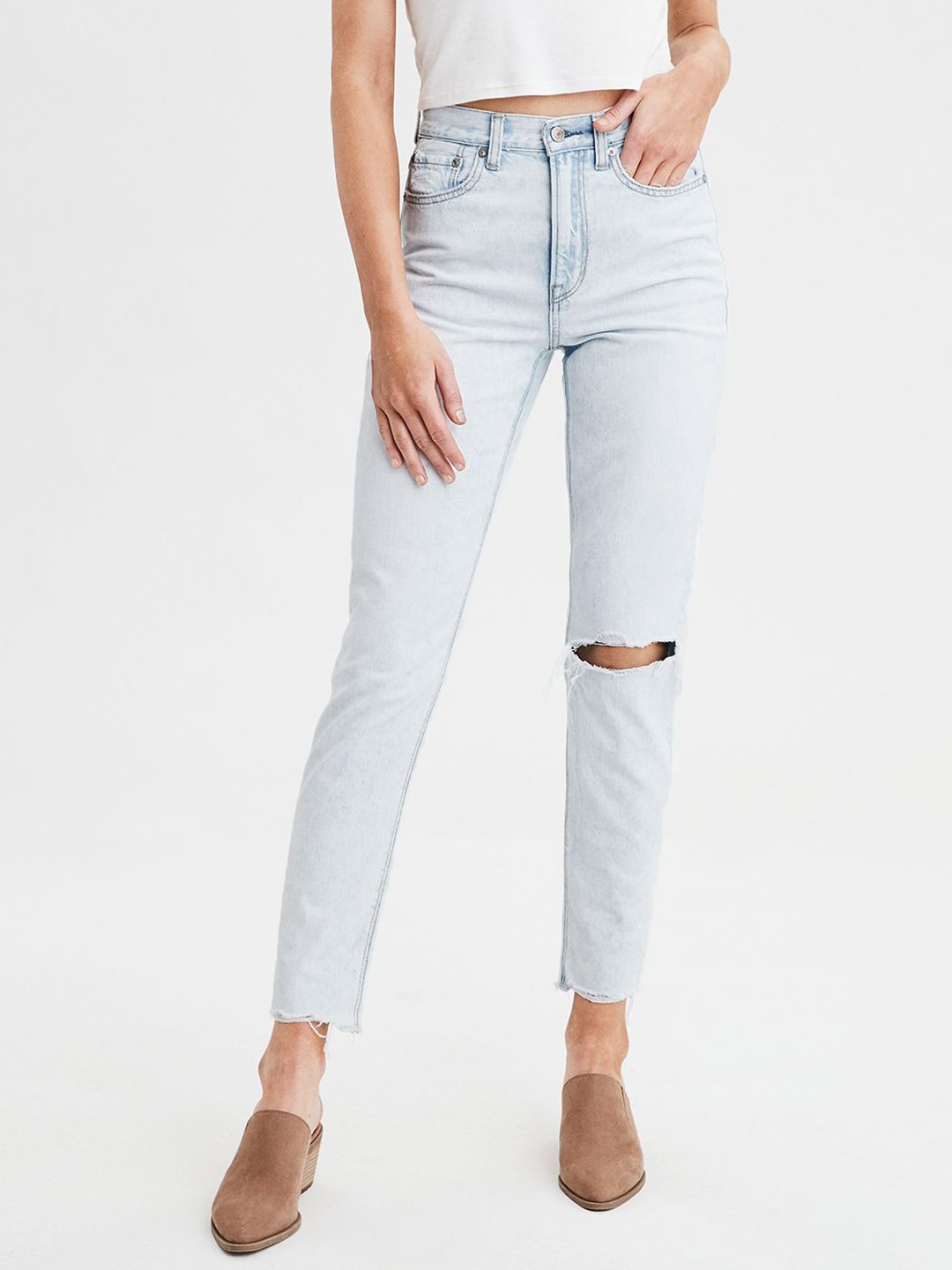 

AMERICAN EAGLE OUTFITTERS Women Blue High-Rise Slash Knee Cropped Jeans