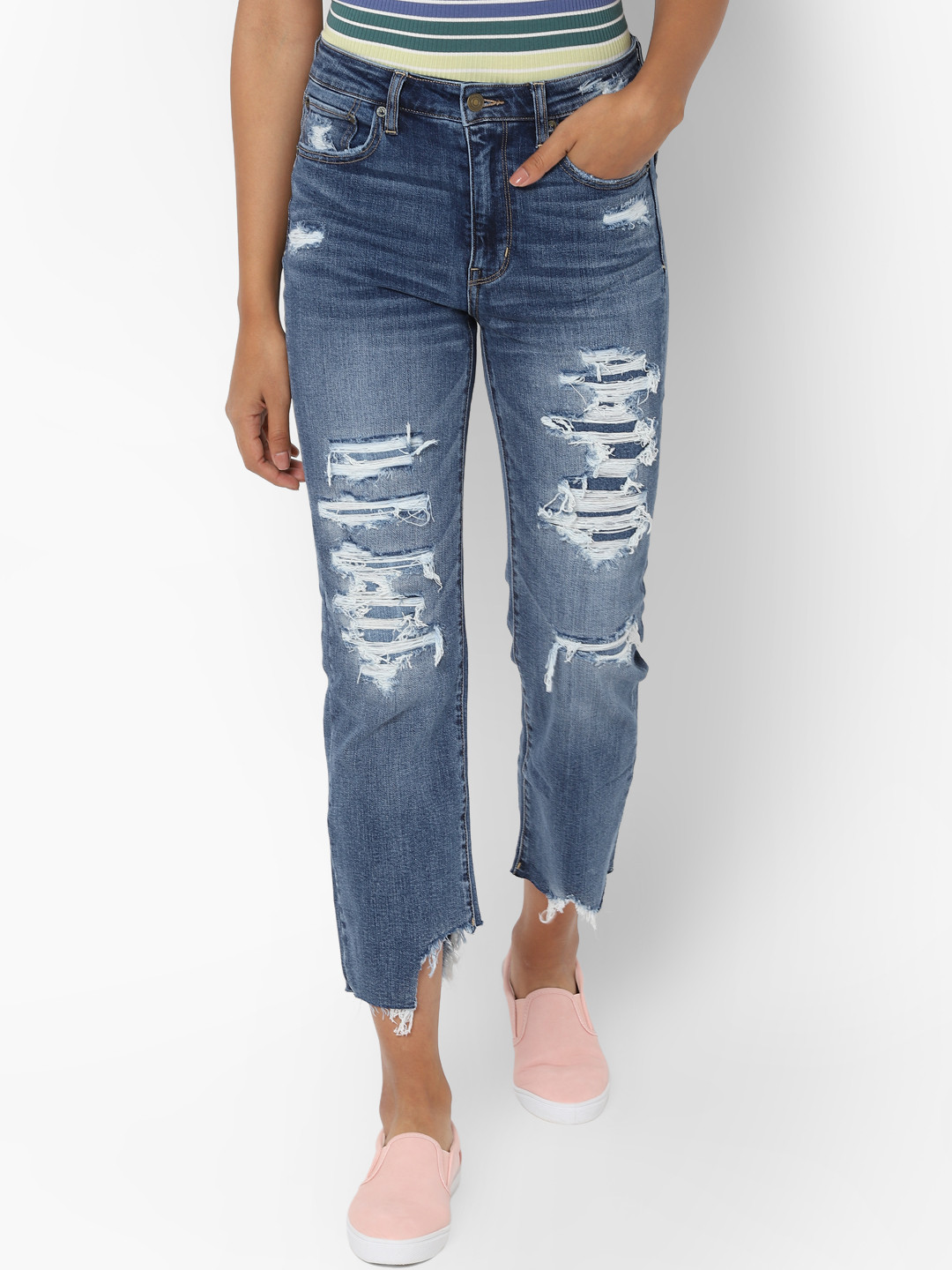 

AMERICAN EAGLE OUTFITTERS Women Blue Regular Fit Mid-Rise Highly Distressed Stretchable Jeans