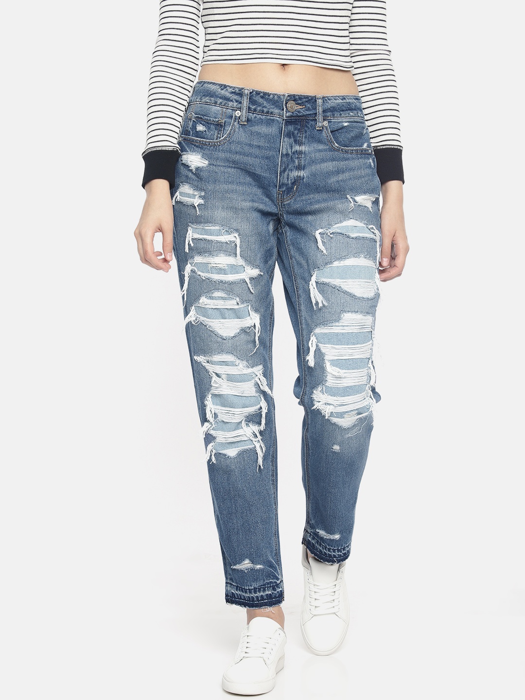 

AMERICAN EAGLE OUTFITTERS Women Blue Regular Fit Low-Rise Highly-Distressed Jeans