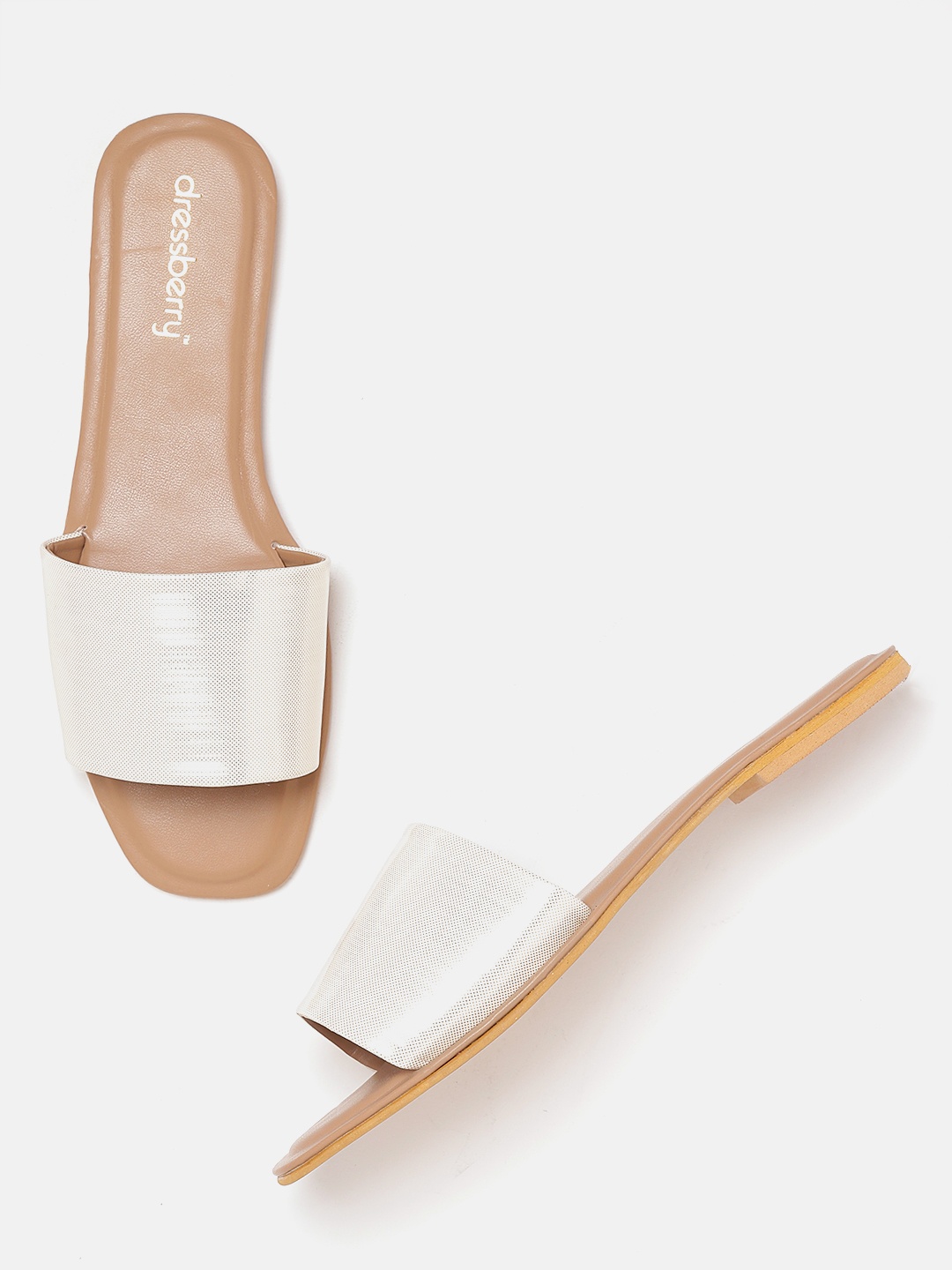 

DressBerry Women White & Silver-Toned Printed Open Toe Flats