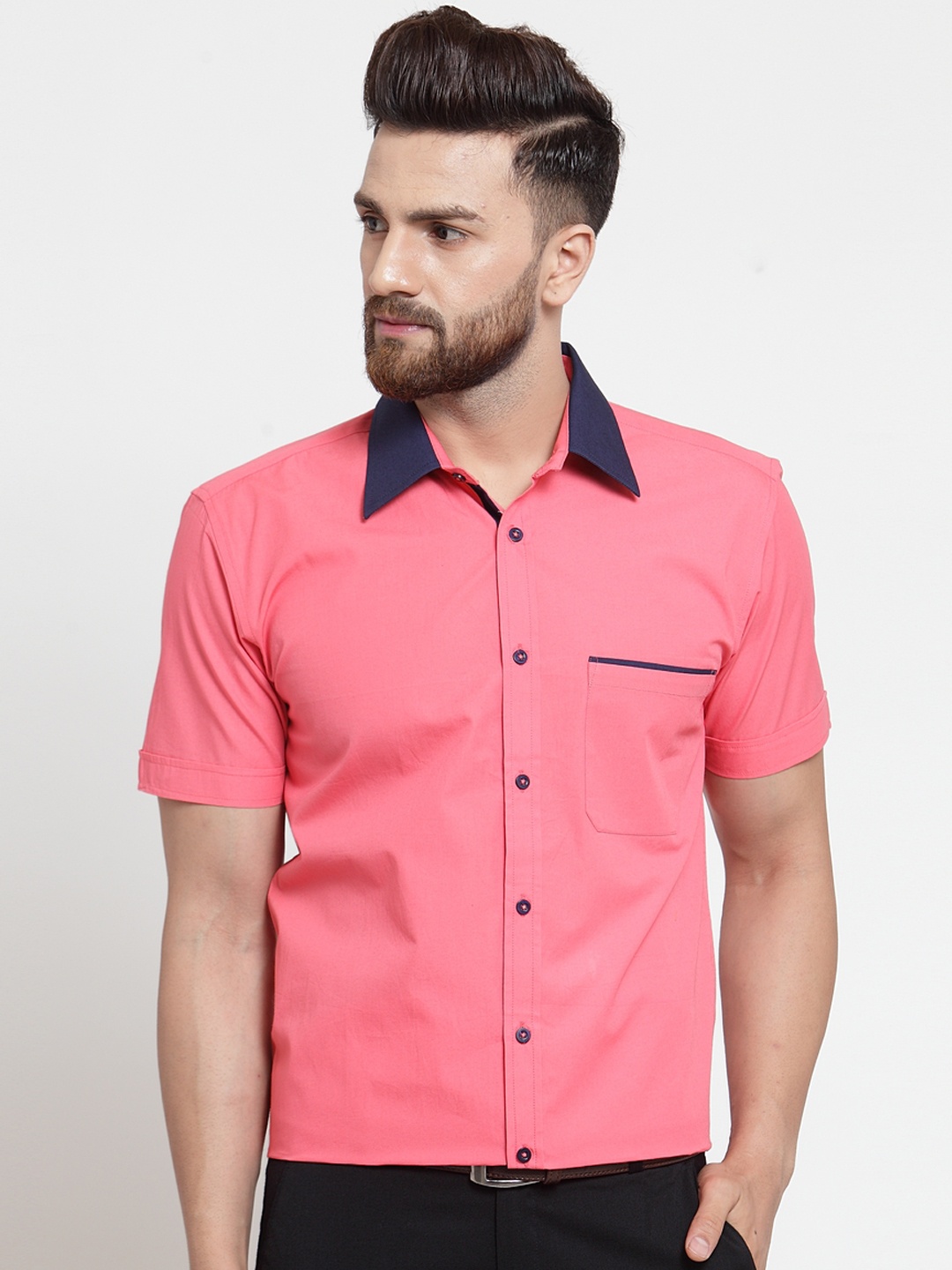 

WESTCLO Men Pink & Blue Slim Fit Solid Semiformal Shirt