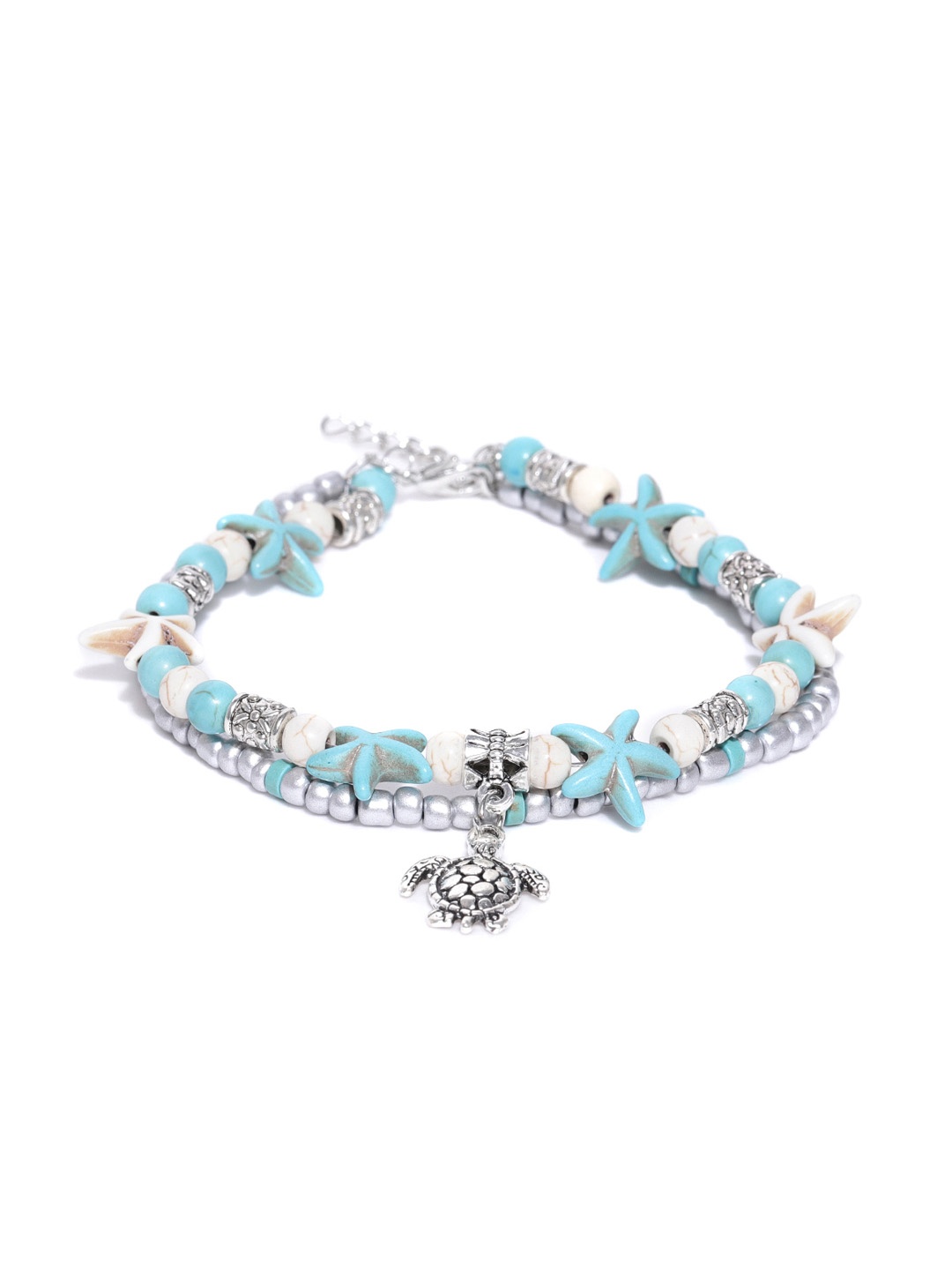 

OOMPH Women Silver-Toned & Turquoise Blue Beaded Anklet