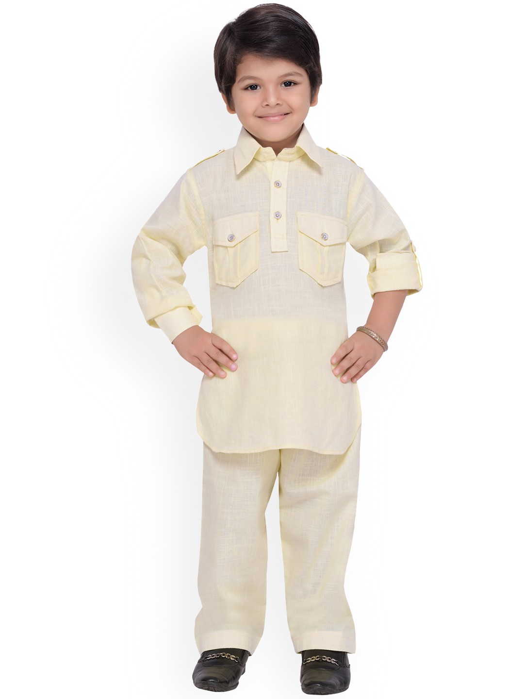 

Aj DEZInES Boys Cream-Coloured Solid Kurta with Pyjamas
