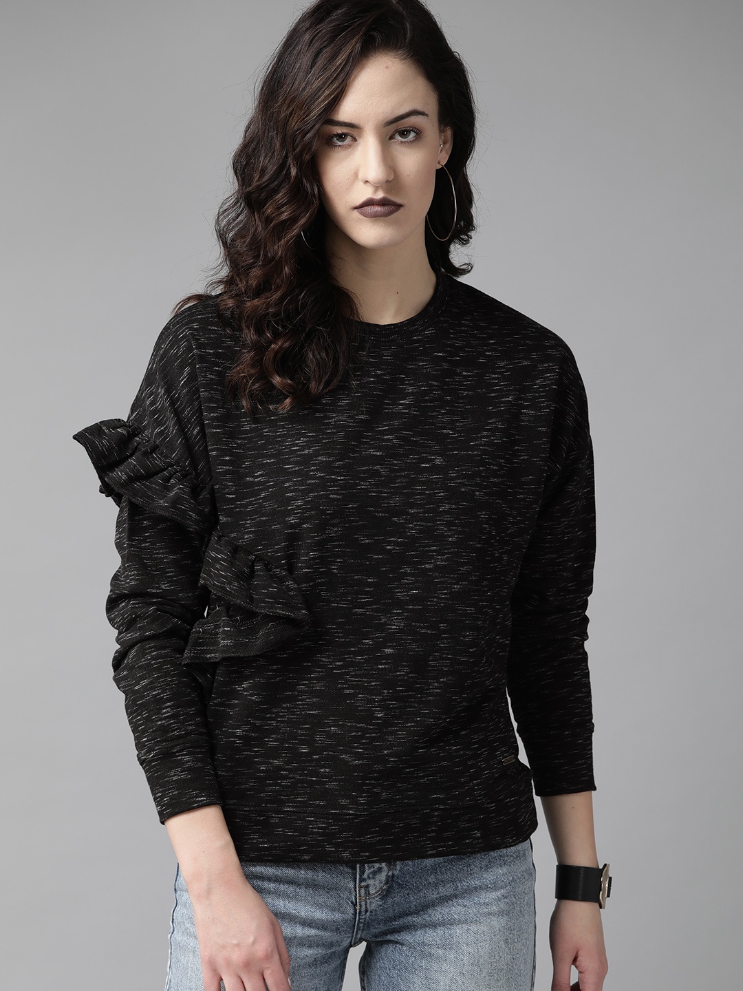 

The Roadster Lifestyle Co Women Black & Grey Self Design Ruffled Sweatshirt