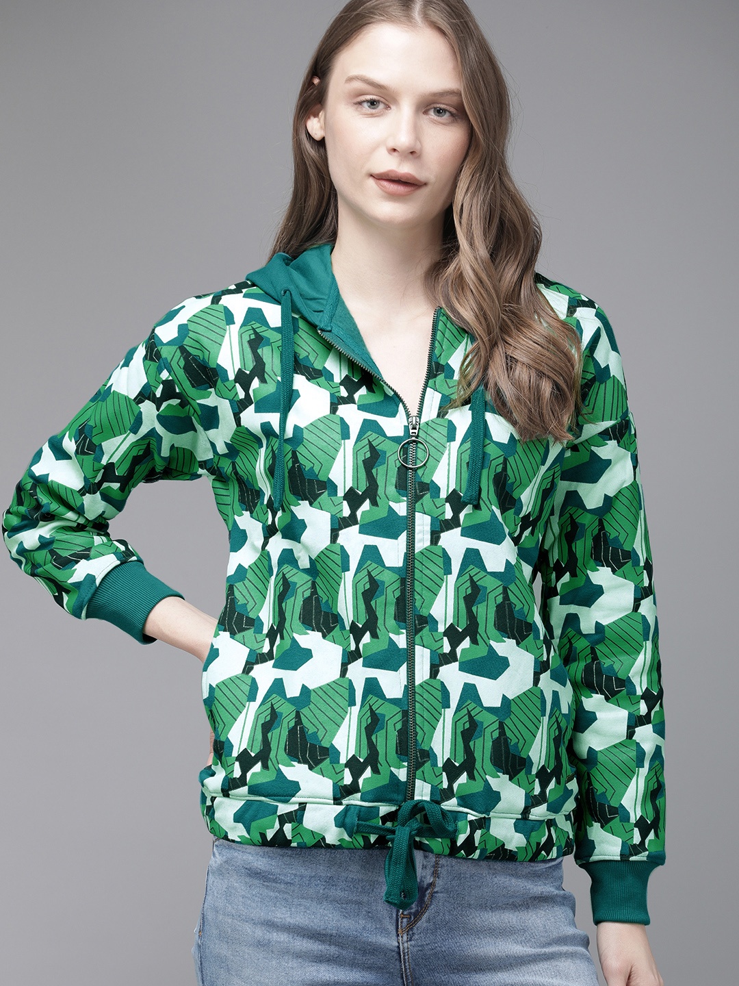 

The Roadster Lifestyle Co Women Green Printed Hooded Sweatshirt