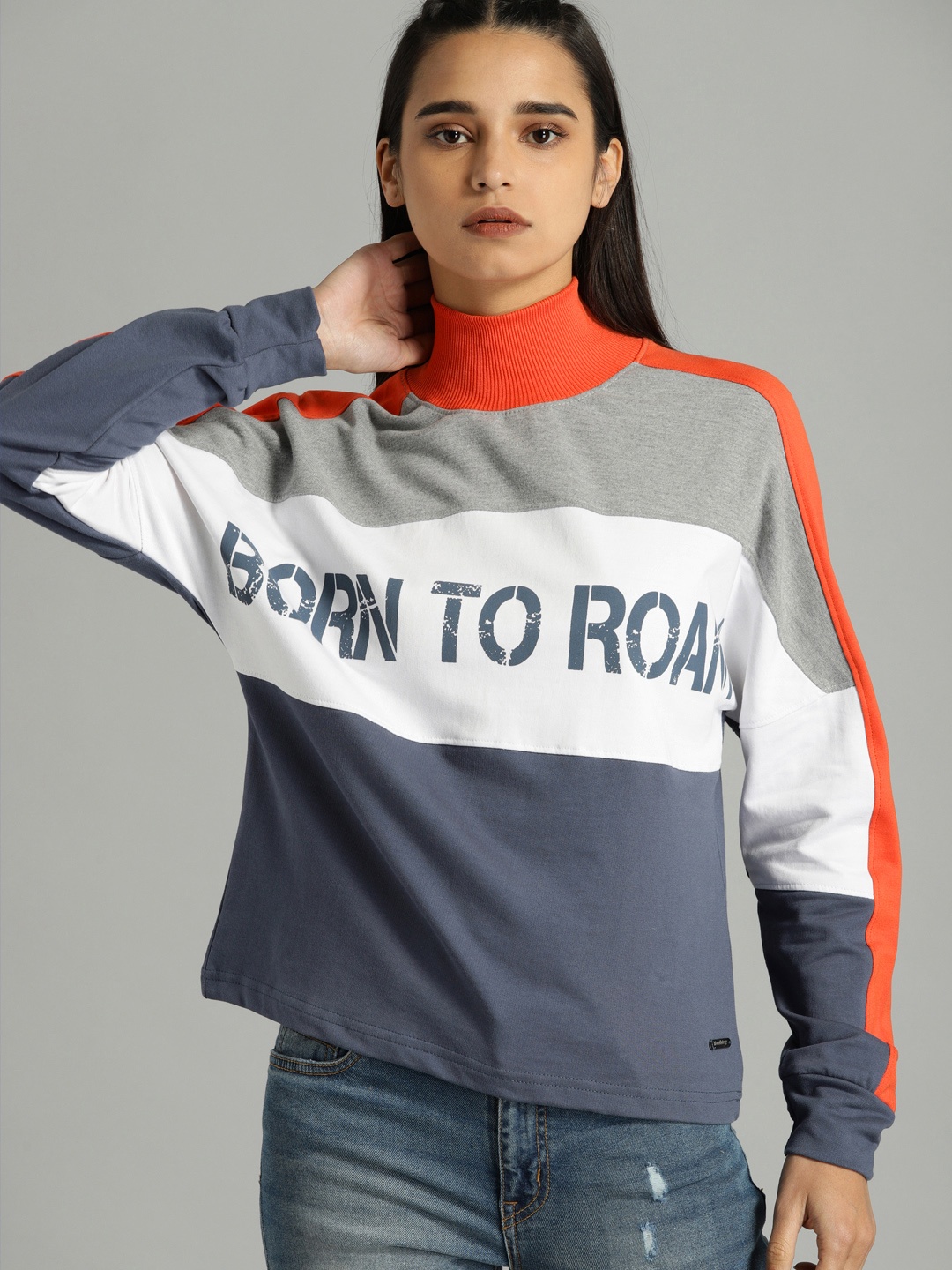 

The Roadster Lifestyle Co Women Blue & White Colourblocked Sweatshirt
