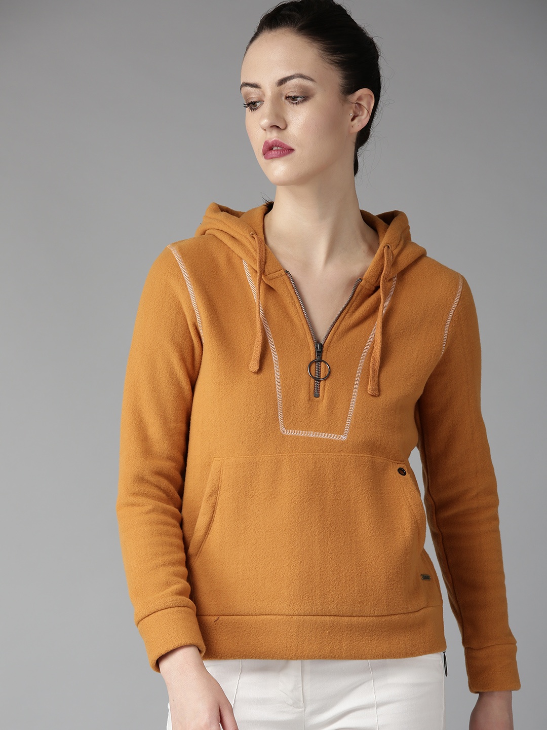 

The Roadster Lifestyle Co Women Mustard Yellow Solid Hooded Sweatshirt