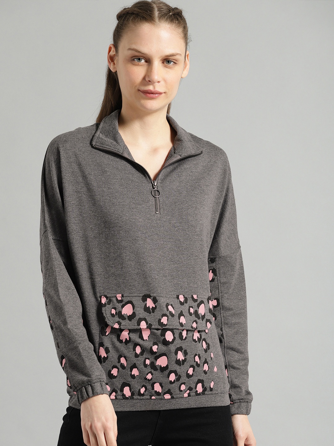 

The Roadster Lifestyle Co Women Charcoal & Pink Printed Sweatshirt