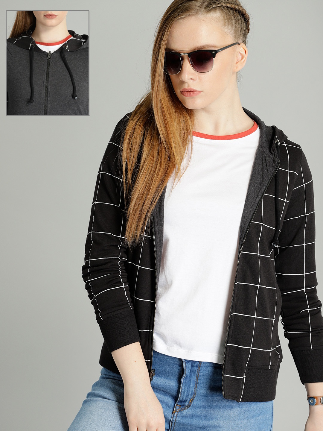 

The Roadster Lifestyle Co Women Black & White Checked Reversible Hooded Sweatshirt