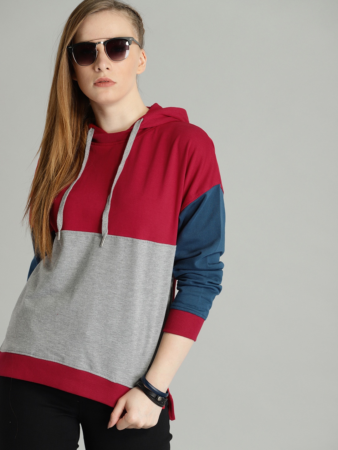 

The Roadster Lifestyle Co Women Grey & Red Colourblocked Hooded Sweatshirt