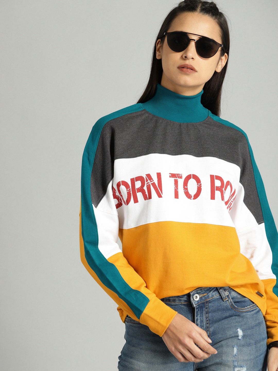 

The Roadster Lifestyle Co Women Mustard & White Colourblocked Sweatshirt