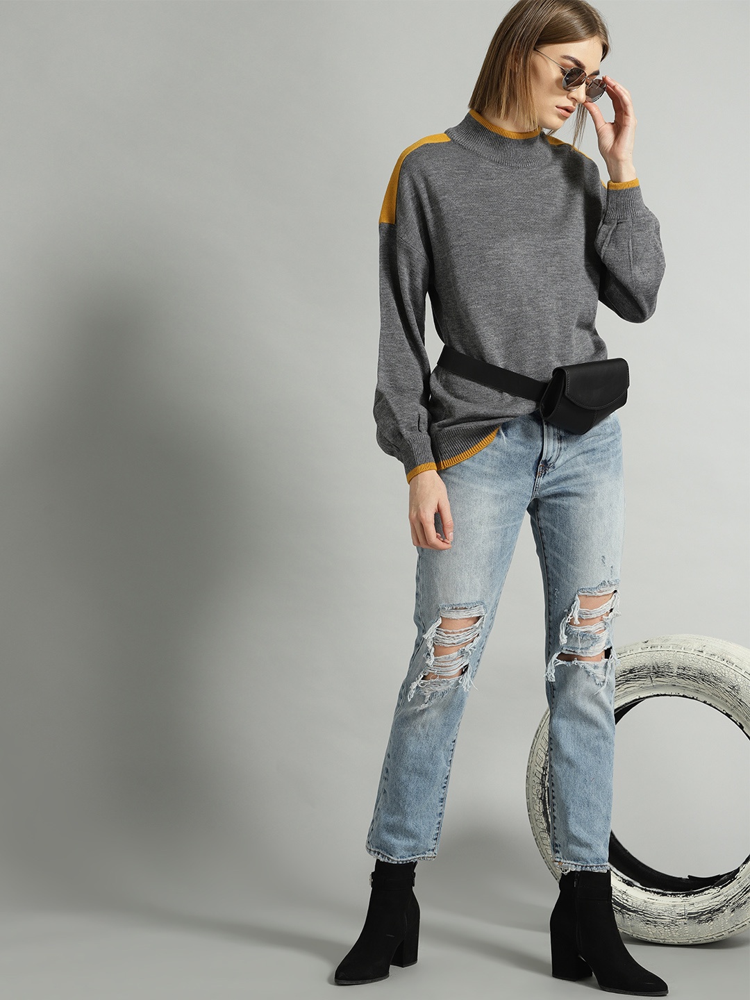 

The Roadster Lifestyle Co Women Charcoal Grey Solid Sweater