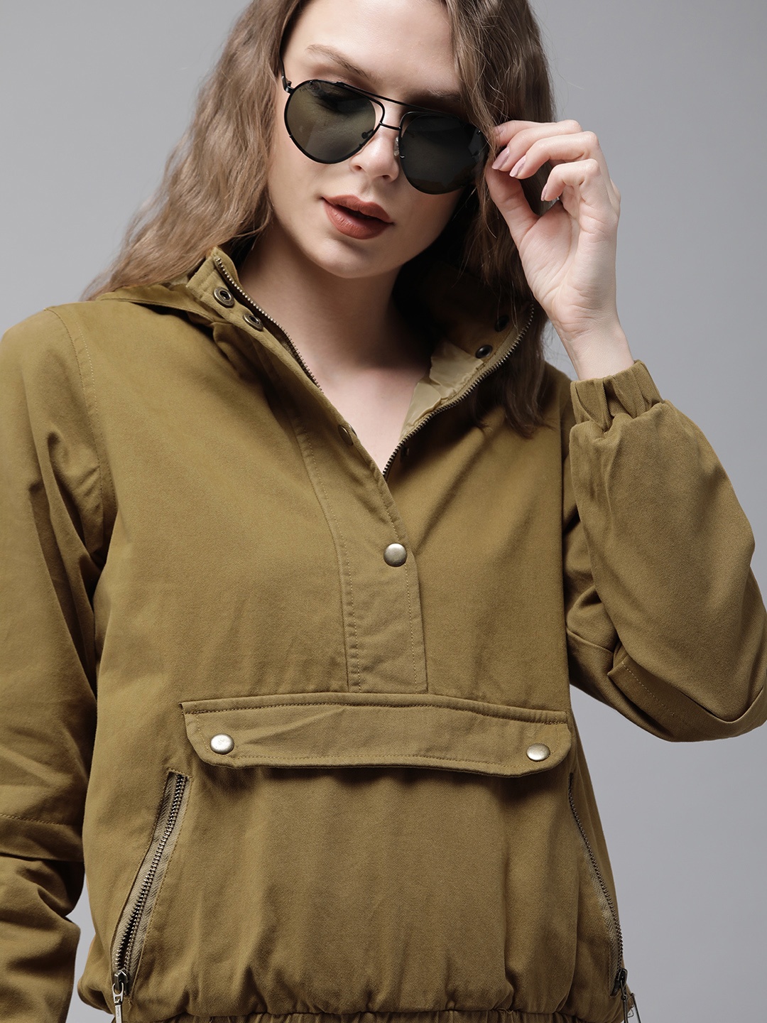 

The Roadster Lifestyle Co Women Khaki Solid Bomber Jacket
