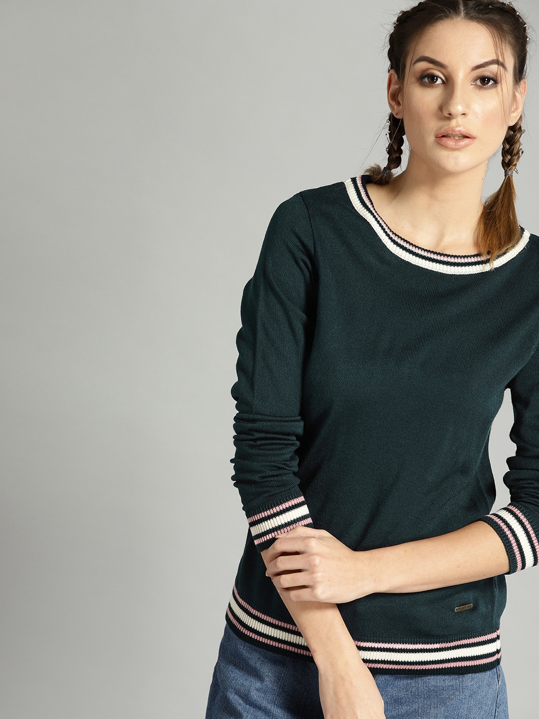

The Roadster Lifestyle Co Women Teal Green Solid Sweater
