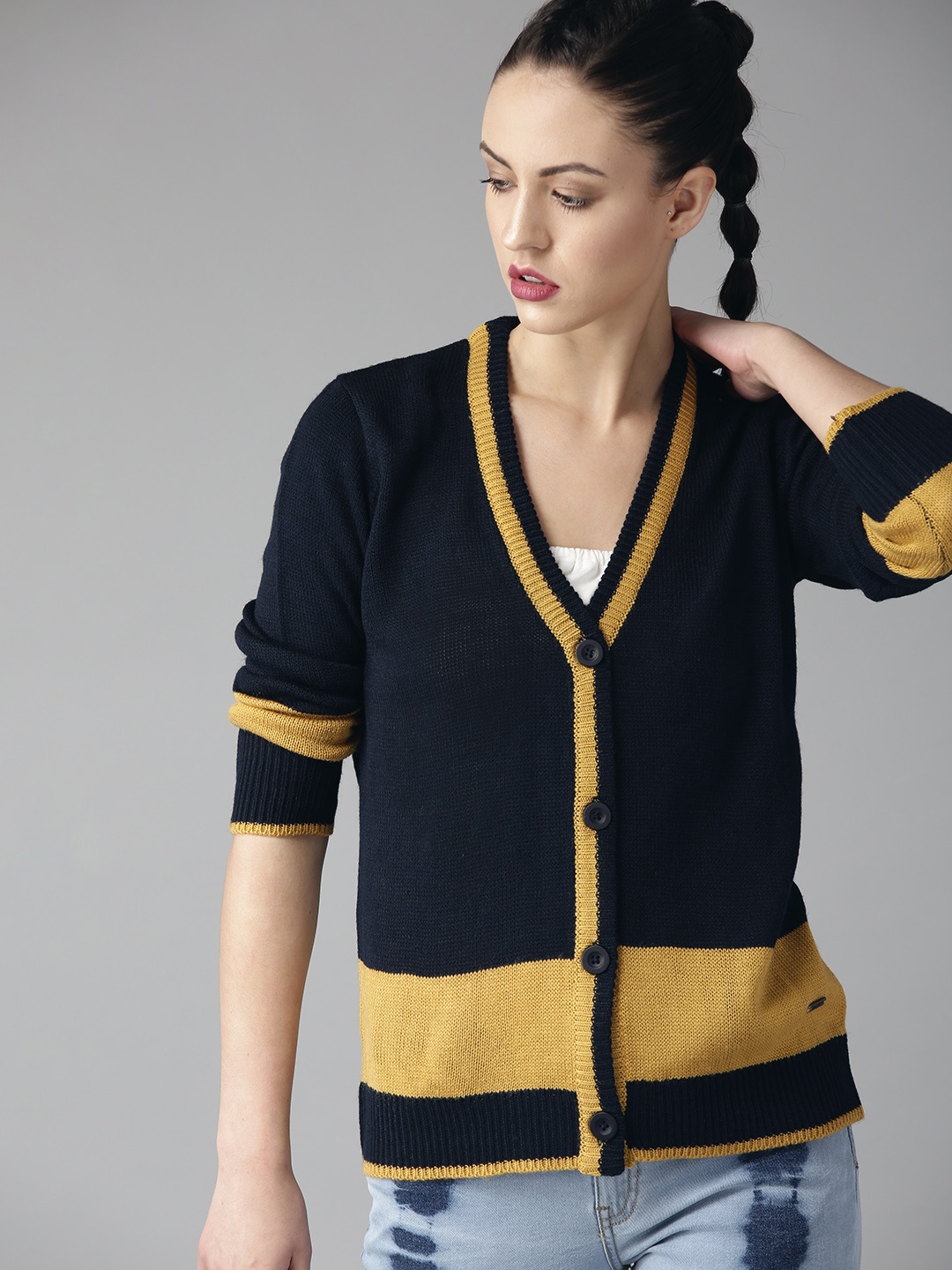 

The Roadster Lifestyle Co Women Navy Blue & Mustard Yellow Colourblocked Cardigan