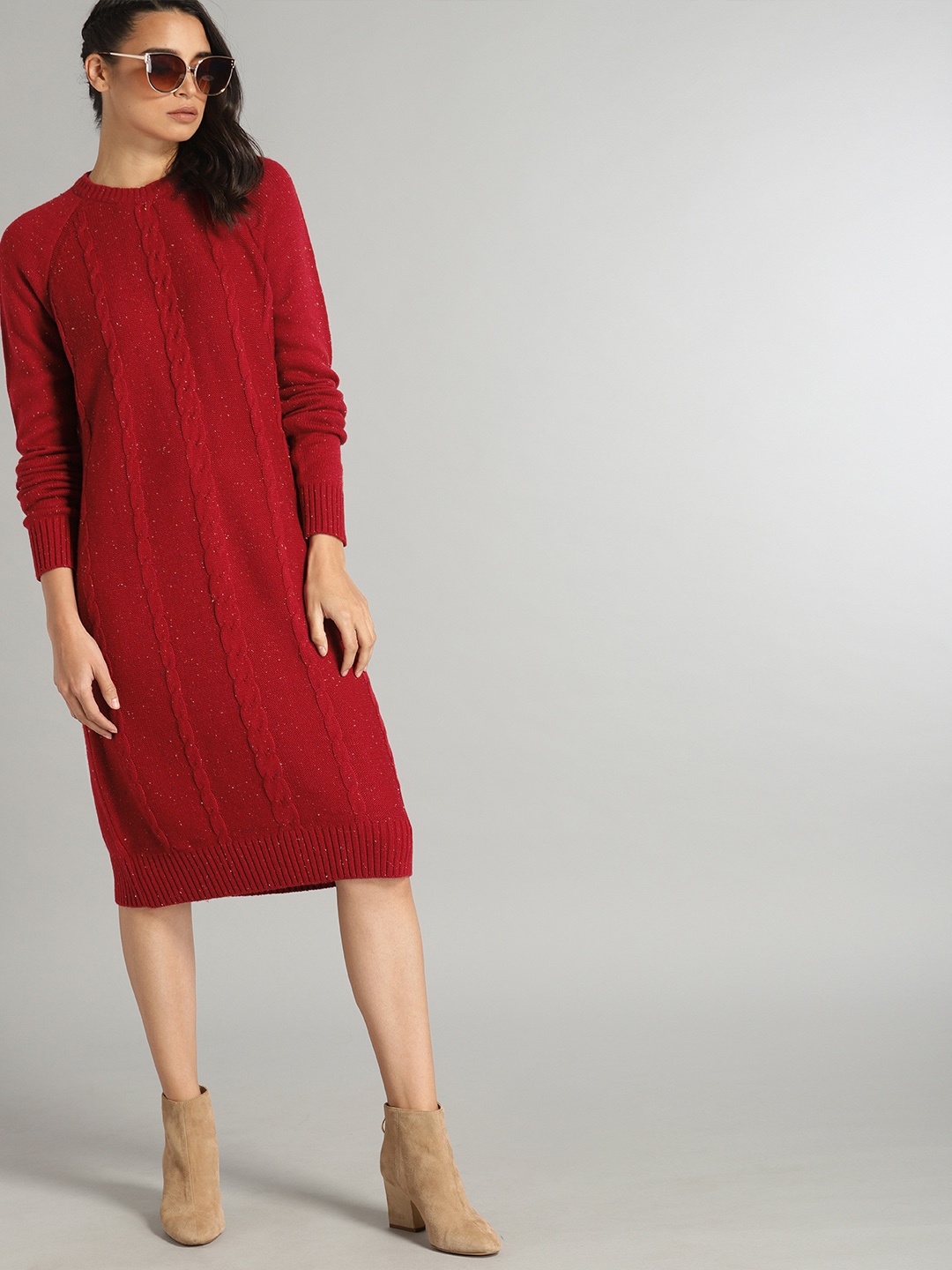 

The Roadster Lifestyle Co Women Red Self Design Knitted Jumper Dress