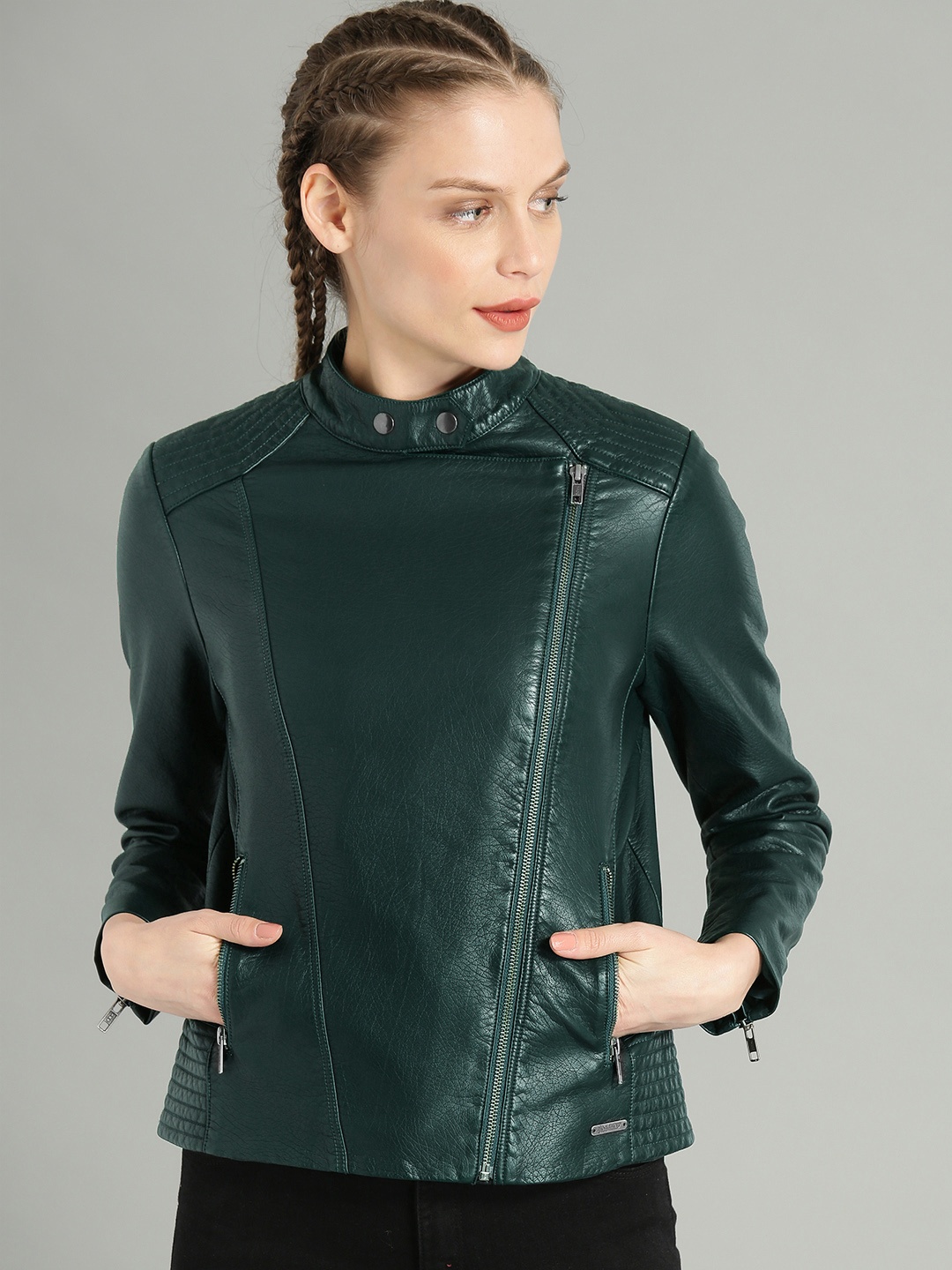 

The Roadster Lifestyle Co Women Teal Green Solid Biker Jacket