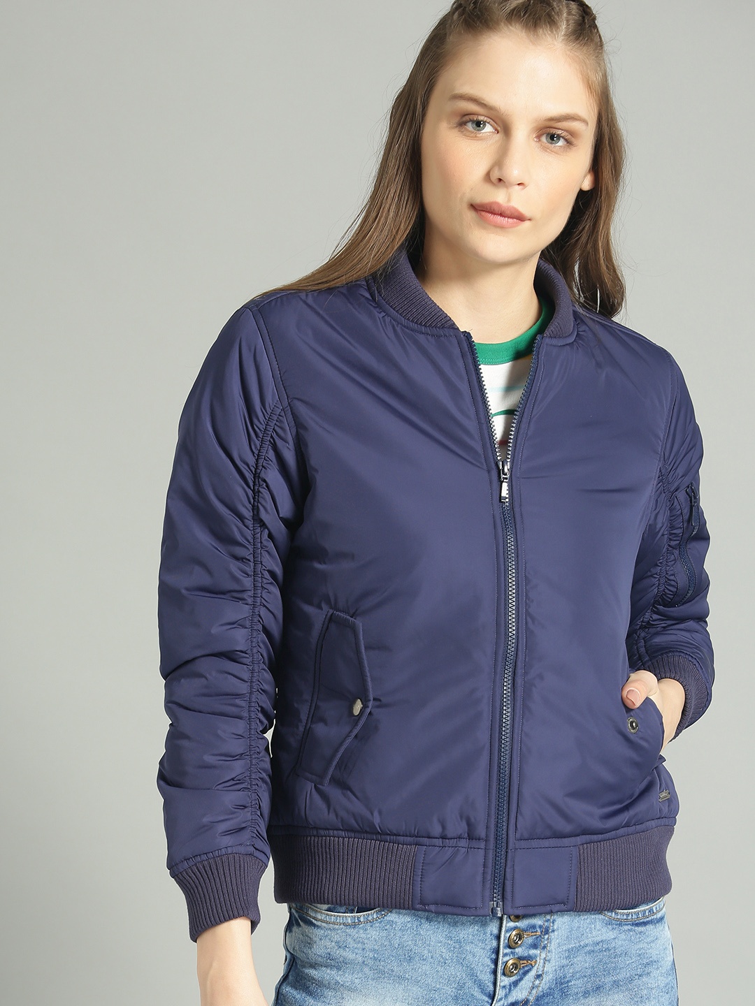 

The Roadster Lifestyle Co Women Navy Blue Solid Bomber Jacket