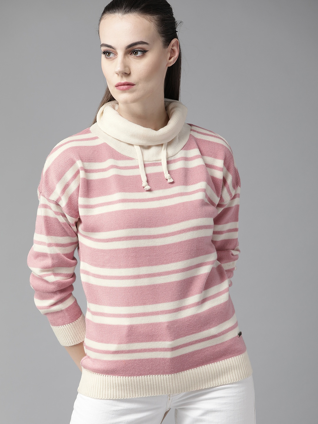 

The Roadster Lifestyle Co Women Pink Off White Striped Sweater