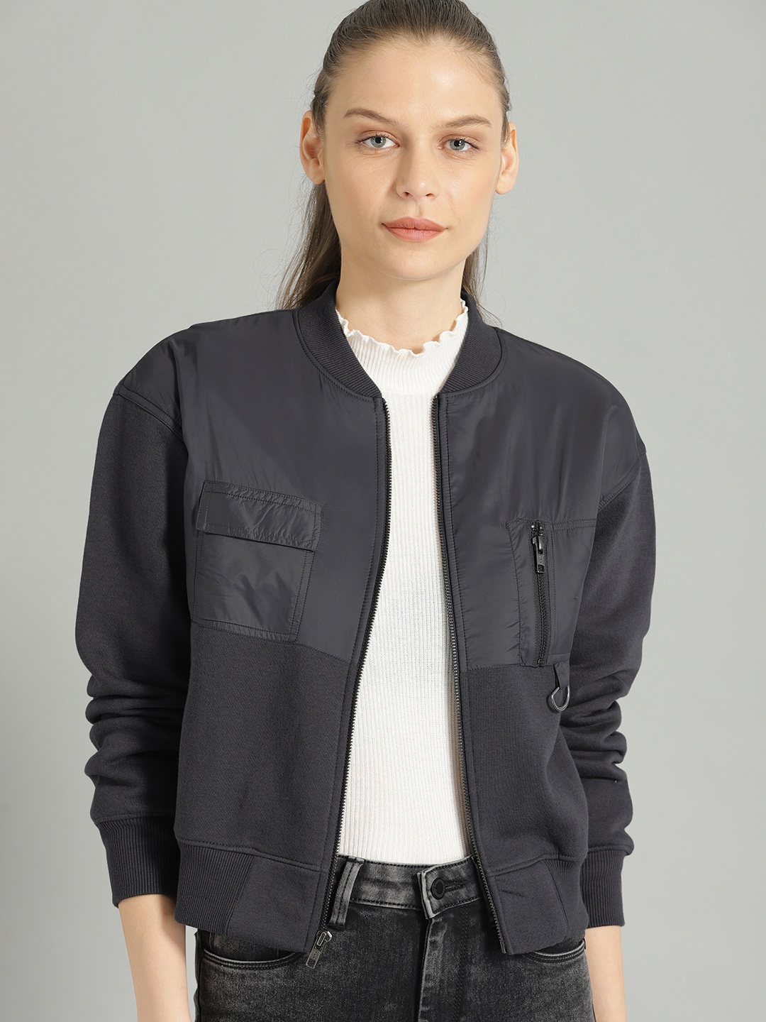 

The Roadster Lifestyle Co Women Charcoal Grey Solid Bomber Jacket