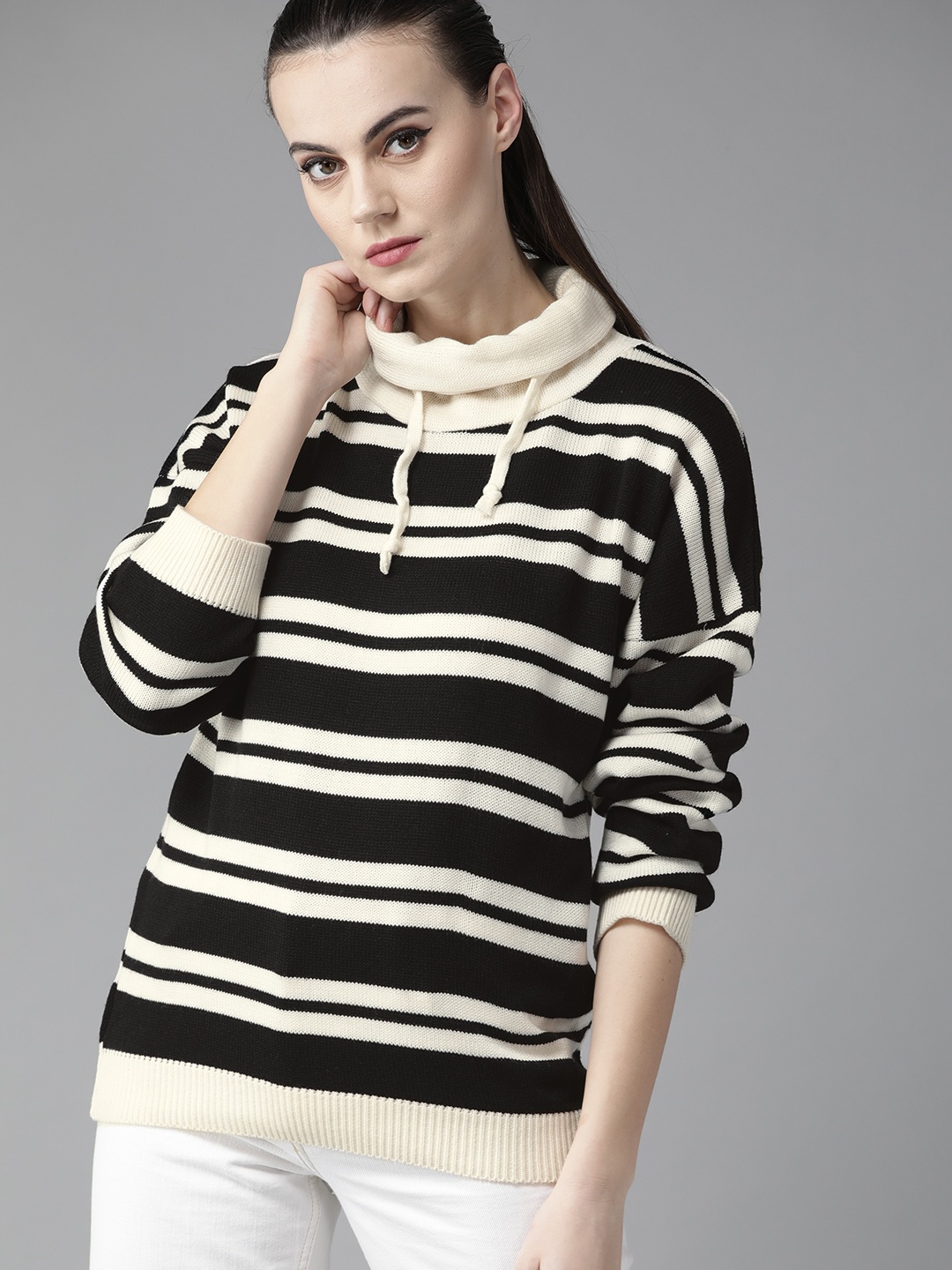 

The Roadster Lifestyle Co Women Black & Off White Striped Sweater