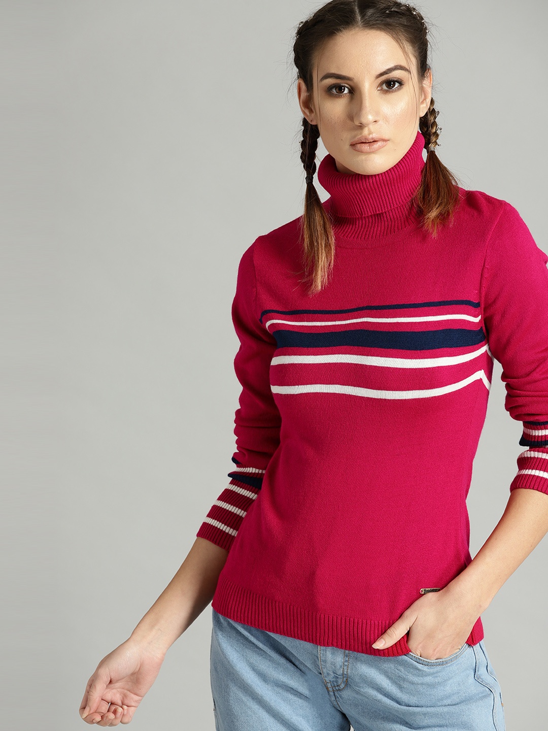 

The Roadster Lifestyle Co Women Magenta Striped Detail Sweater