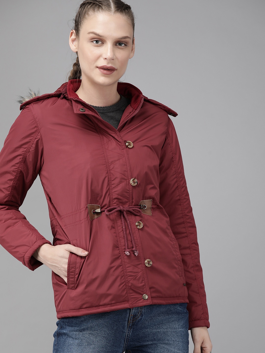 

The Roadster Lifestyle Co Women Maroon Solid Detachable Hooded Parka Jacket