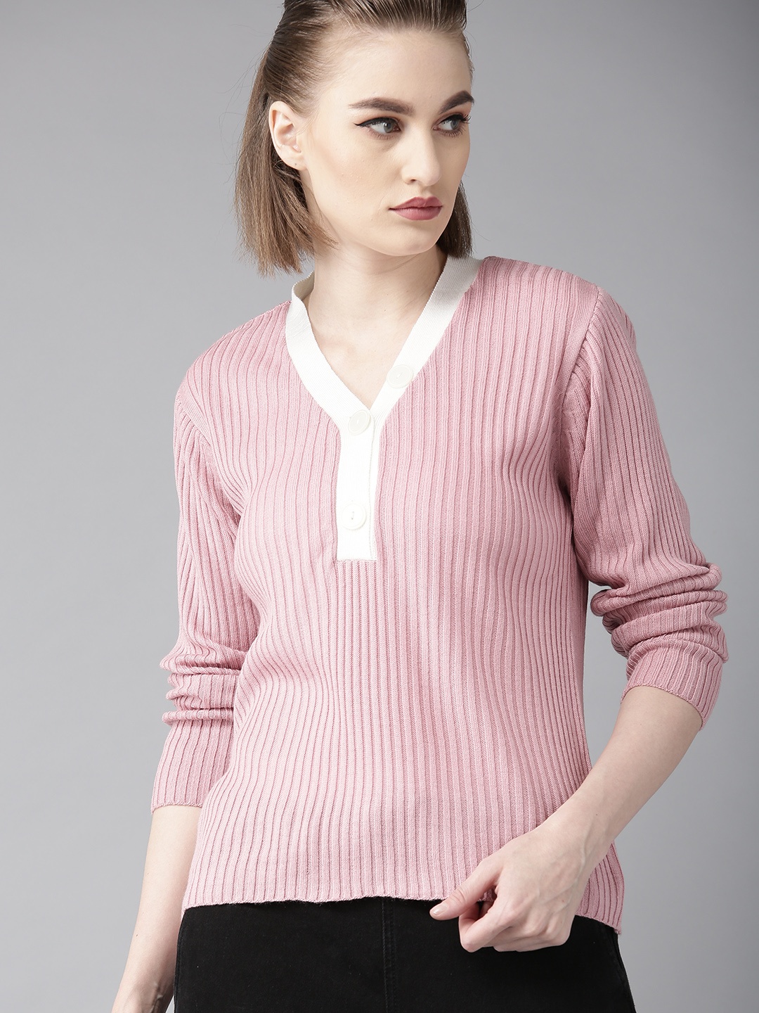 

The Roadster Lifestyle Co Women Pink Ribbed Pullover Sweater