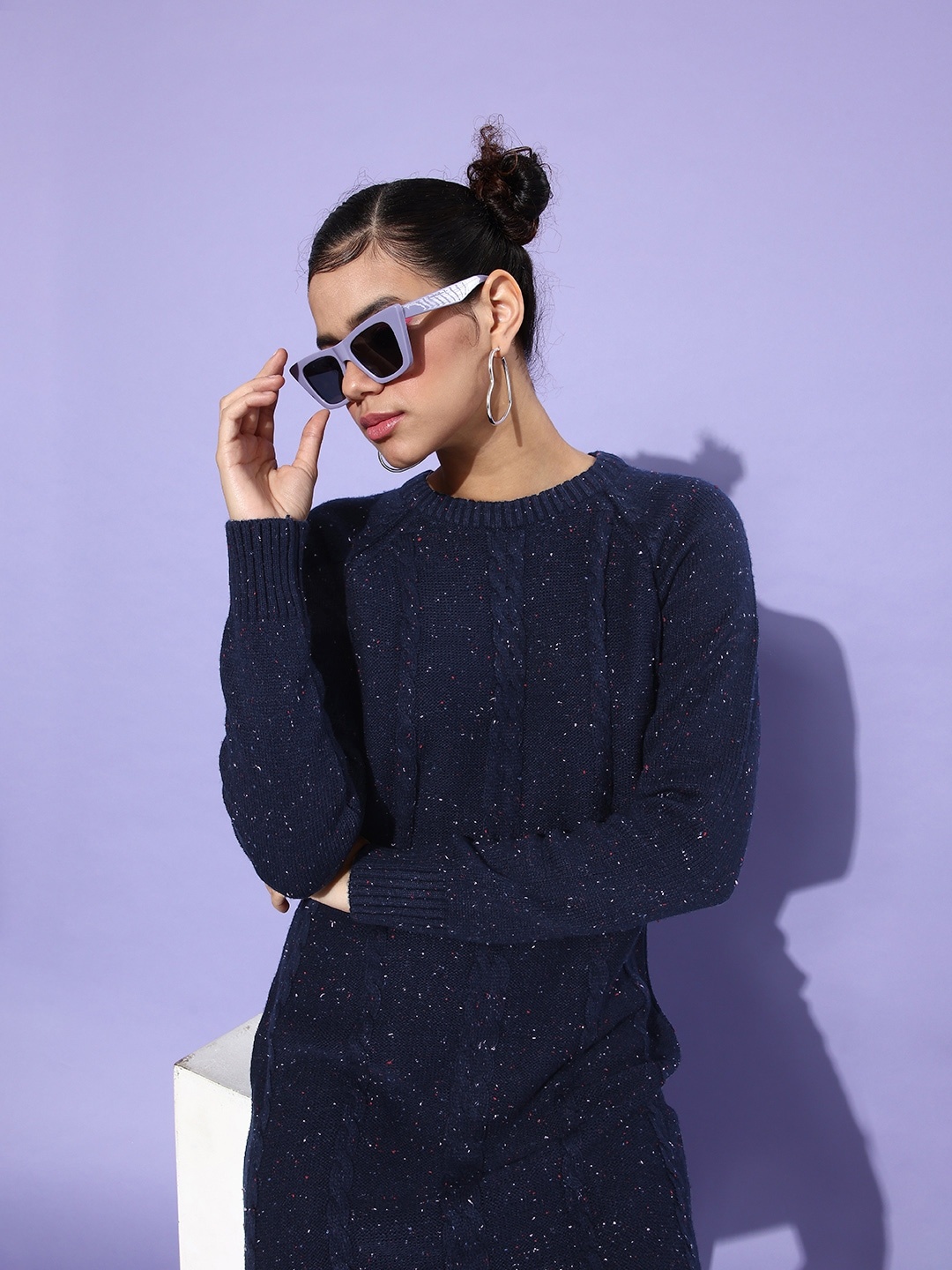 

The Roadster Lifestyle Co Women Navy Blue Self Design Knitted Jumper Dress