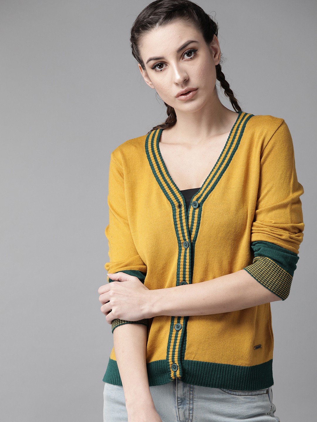 

The Roadster Lifestyle Co Women Mustard Yellow Solid Cardigan