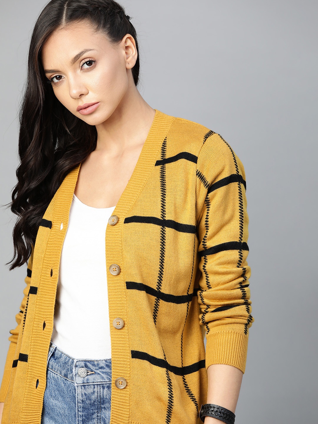 

The Roadster Lifestyle Co Women Mustard Yellow & Black Checked Cardigan