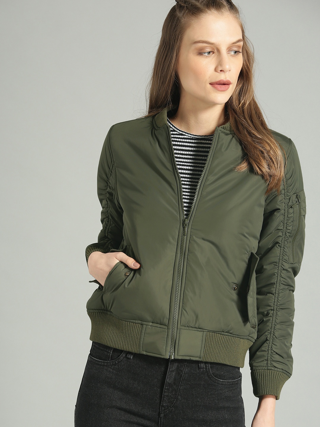 The Roadster Lifestyle Co Women Olive Green Solid Bomber Jacket - buy ...