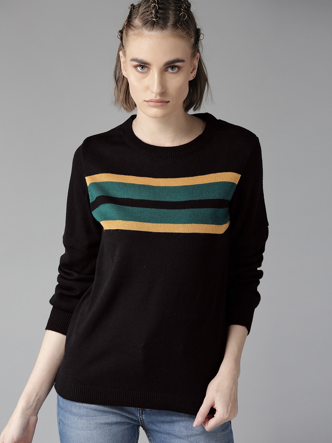 

The Roadster Lifestyle Co Women Black & Yellow Striped Sweater