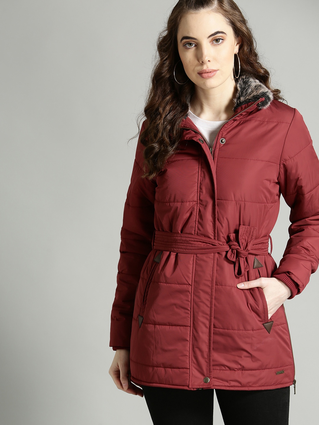 

The Roadster Lifestyle Co Women Maroon Solid Longline Parka Jacket