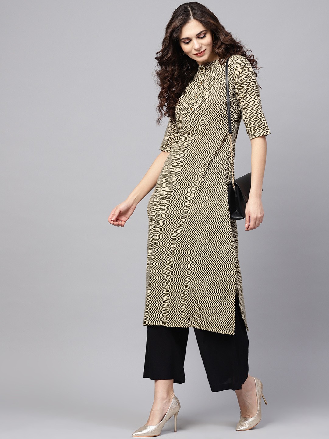 

Libas Women Beige & Black Printed Straight Kurta