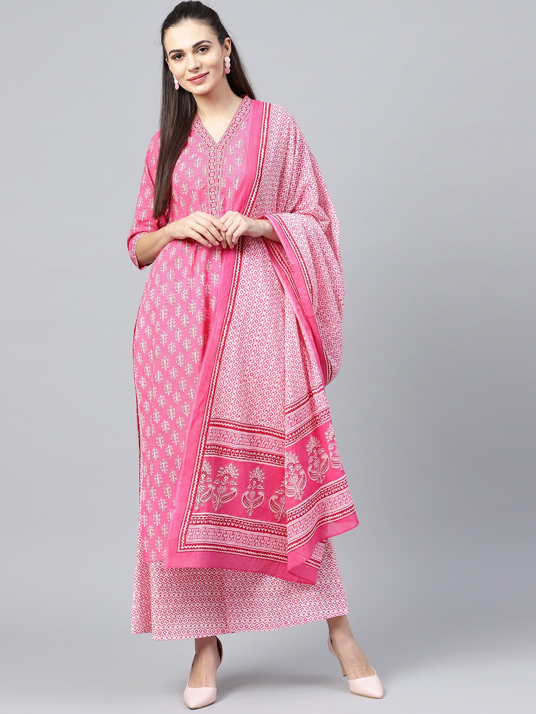 

Libas Women Pink & White Printed Kurta with Palazzos & Dupatta
