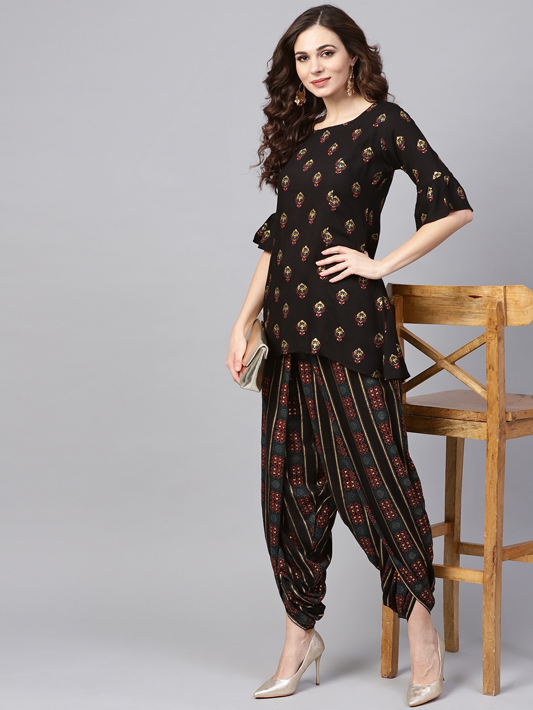 

Libas Women Black Printed Kurta with Dhoti Pants