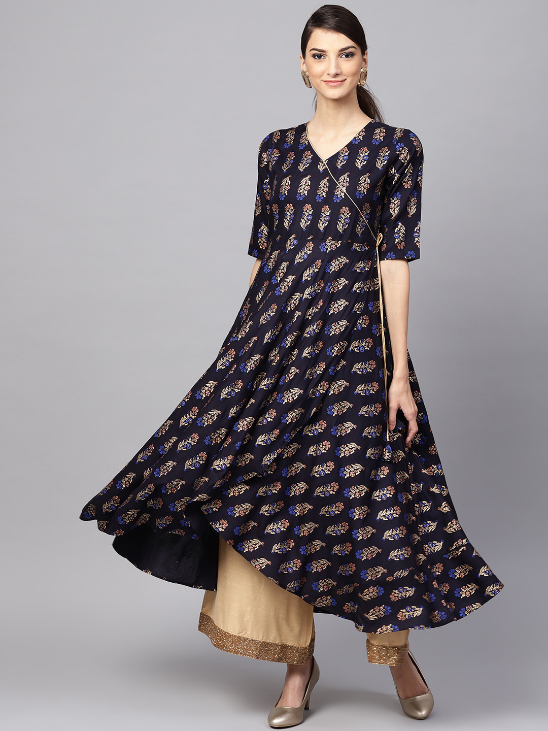 

Libas Women Navy Blue & Golden Block Printed A-Line Kurta