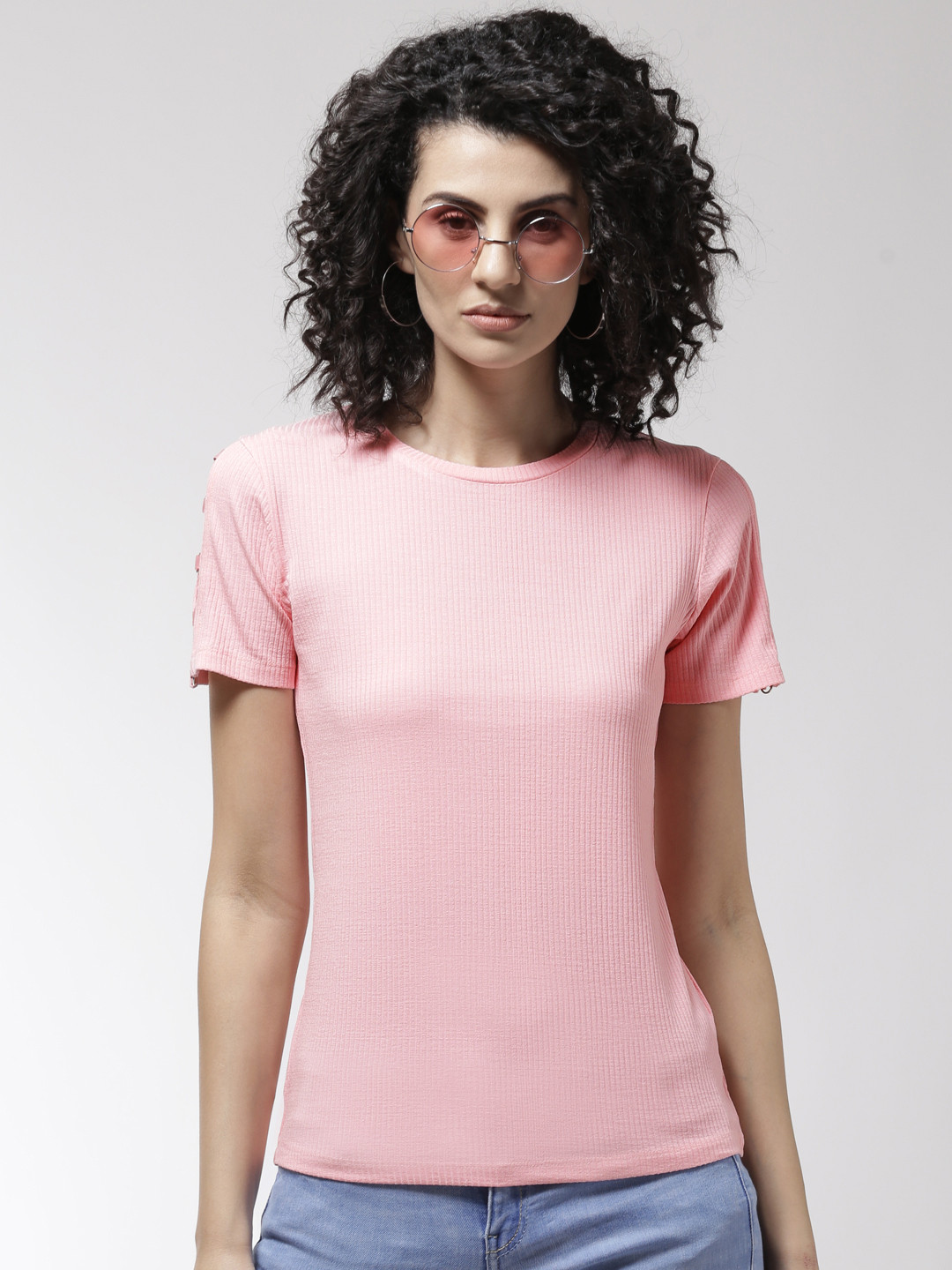 

Madame Women Pink Self-Striped Top