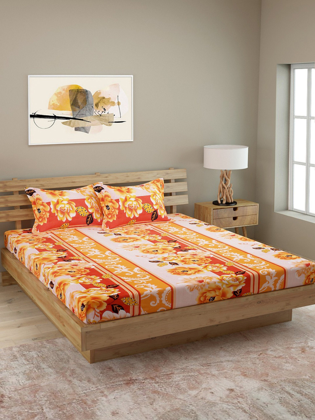 

ROMEE Multicoloured Floral 144 TC Cotton 1 Queen Bedsheet with 2 Pillow Covers, Multi
