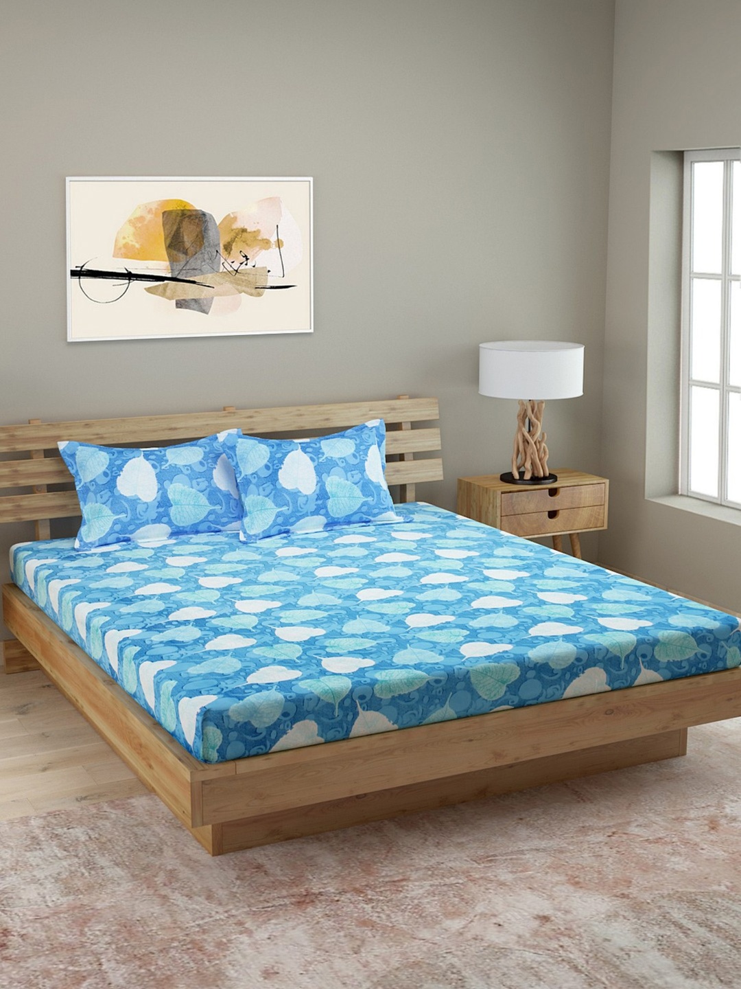 

ROMEE Blue Floral 144 TC Cotton 1 Queen Bedsheet with 2 Pillow Covers