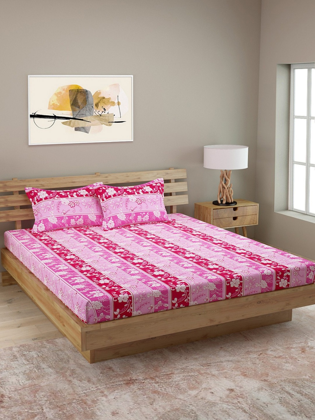 

ROMEE Pink Floral 144 TC Cotton 1 Queen Bedsheet with 2 Pillow Covers