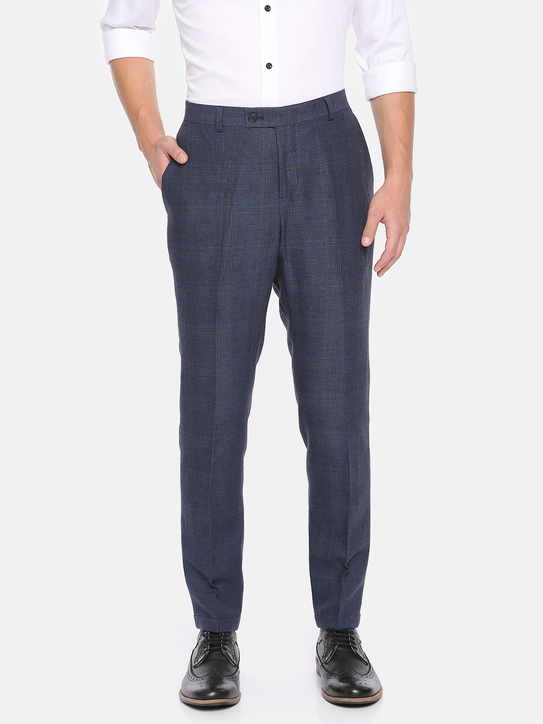 

Jack & Jones Men Navy & Black Slim Fit Checked Regular Trousers, Navy blue