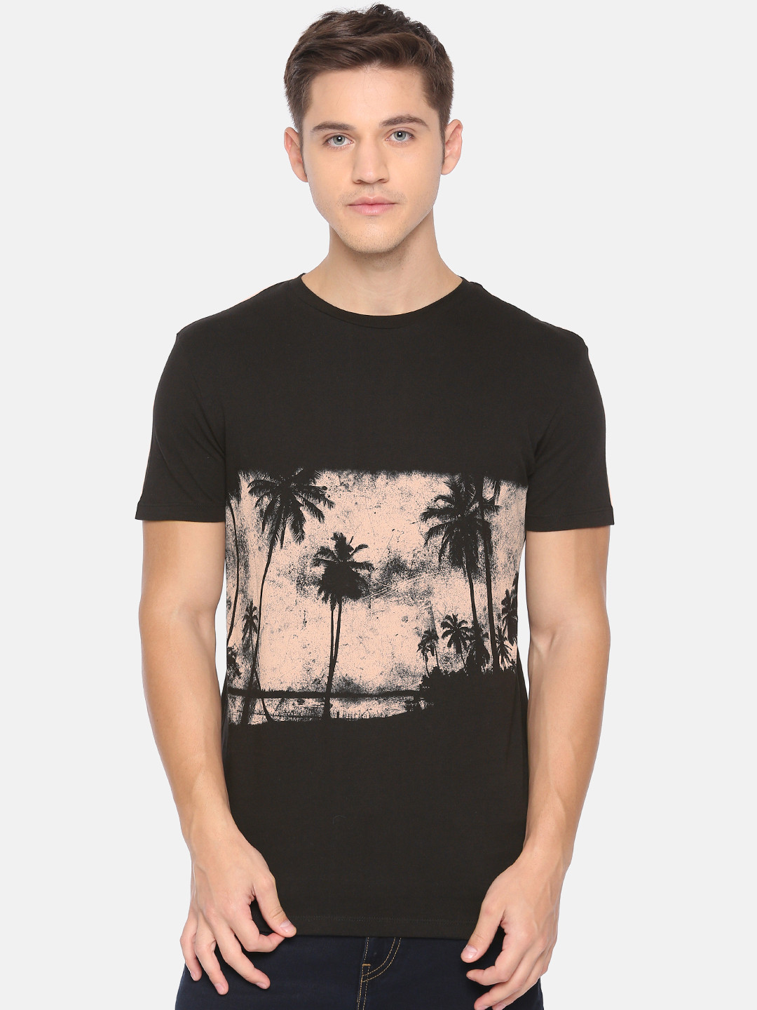 

Jack Jones Men Black Printed Round Neck Pure Cotton T-shirt