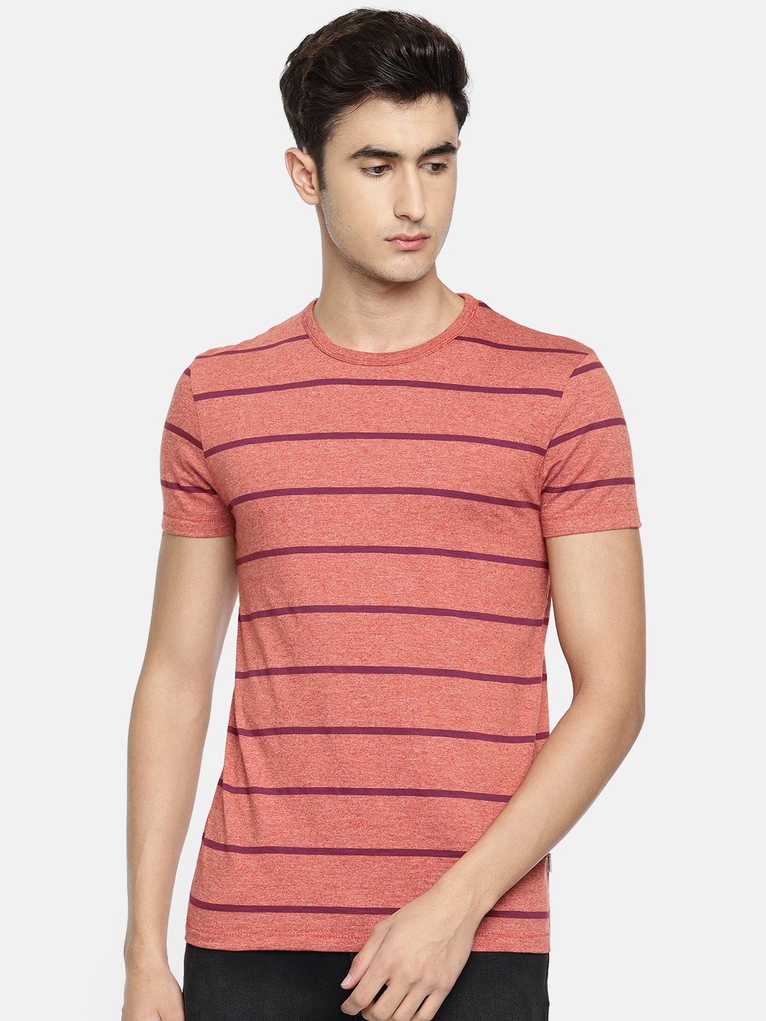 

Jack Jones Men Rust Red Burgundy Striped Round Neck Pure Cotton T-shirt