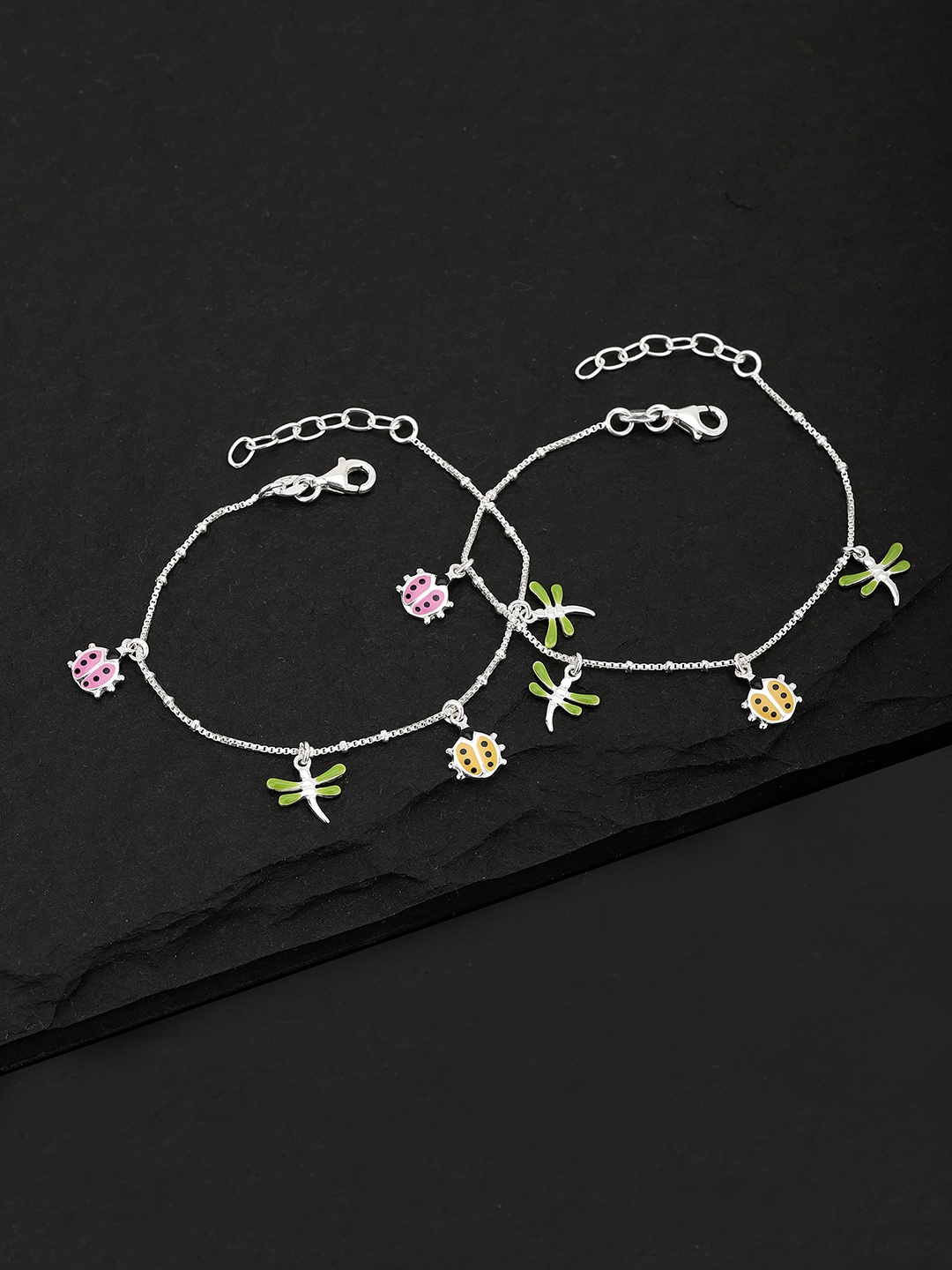 

Carlton London Girls Set of 2 Green 925 Sterling Silver Anklets with Silver Plating