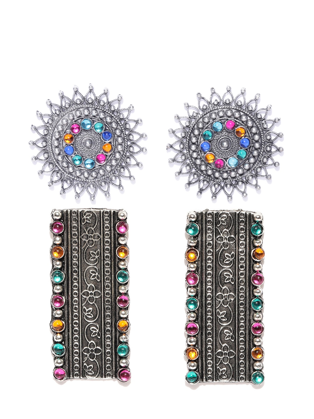 

Infuzze Women Pack of 2 Oxidised Silver-Toned & Pink Geometric Drop Earrings
