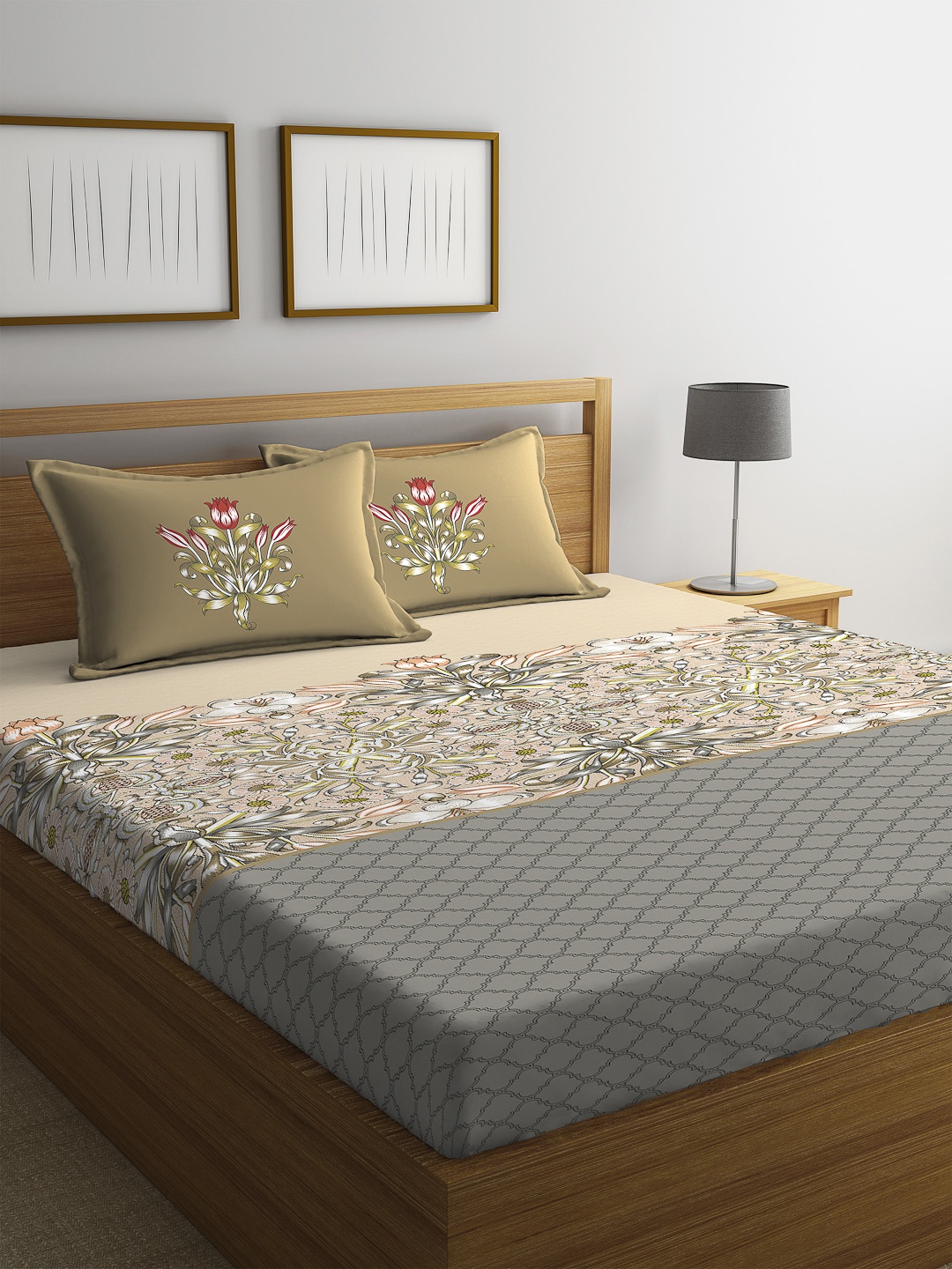 

Portico New York Beige & Grey Floral 144 TC Cotton 1 King Bedsheet with 2 Pillow Covers
